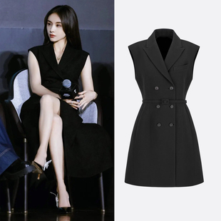 中长短款 王子文明星同款 双排扣无袖 连衣裙女25夏法式 裙子SKFM 西装