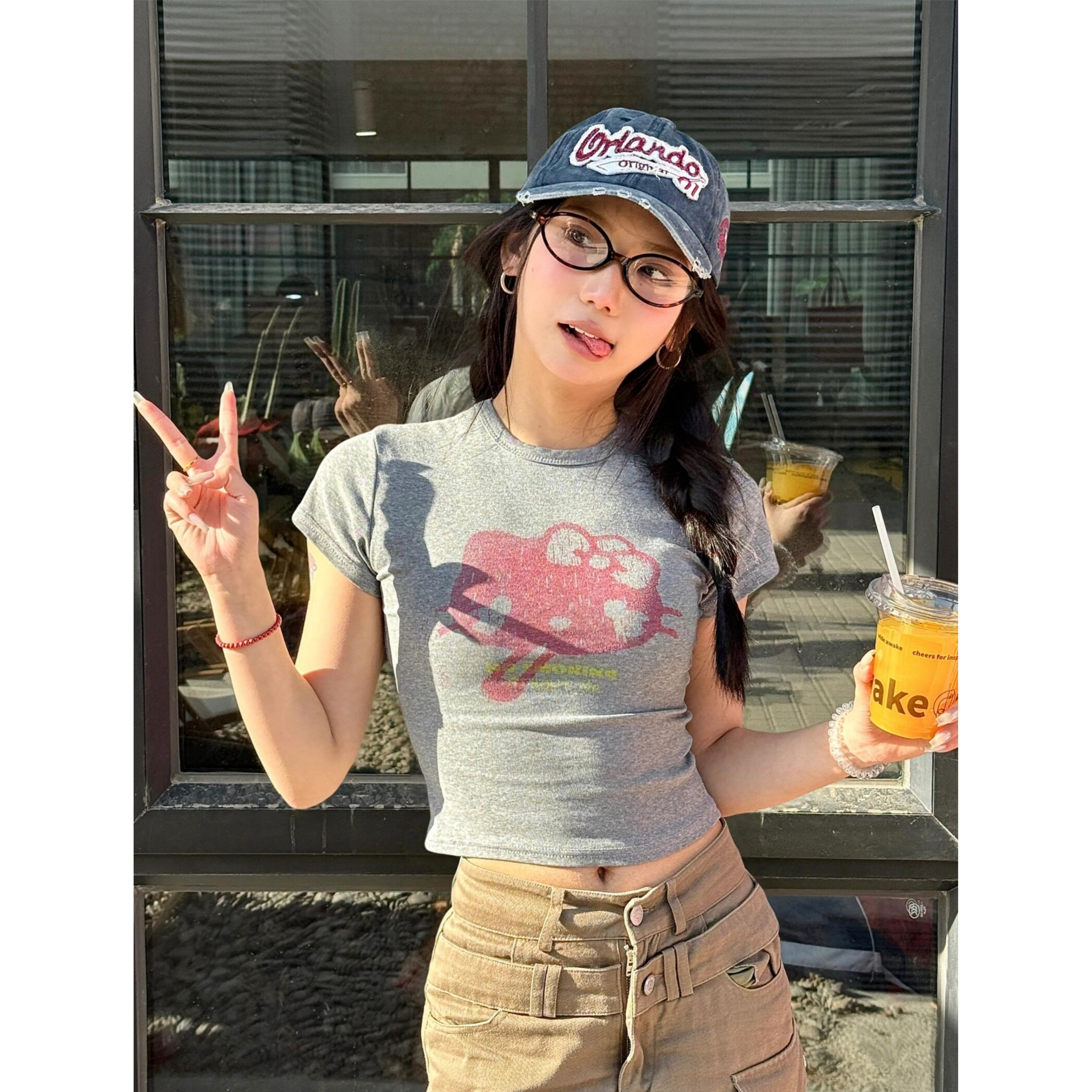 美式复古kitty猫做旧印花小众正肩短袖t恤高弹露肚短款甜辣修身女