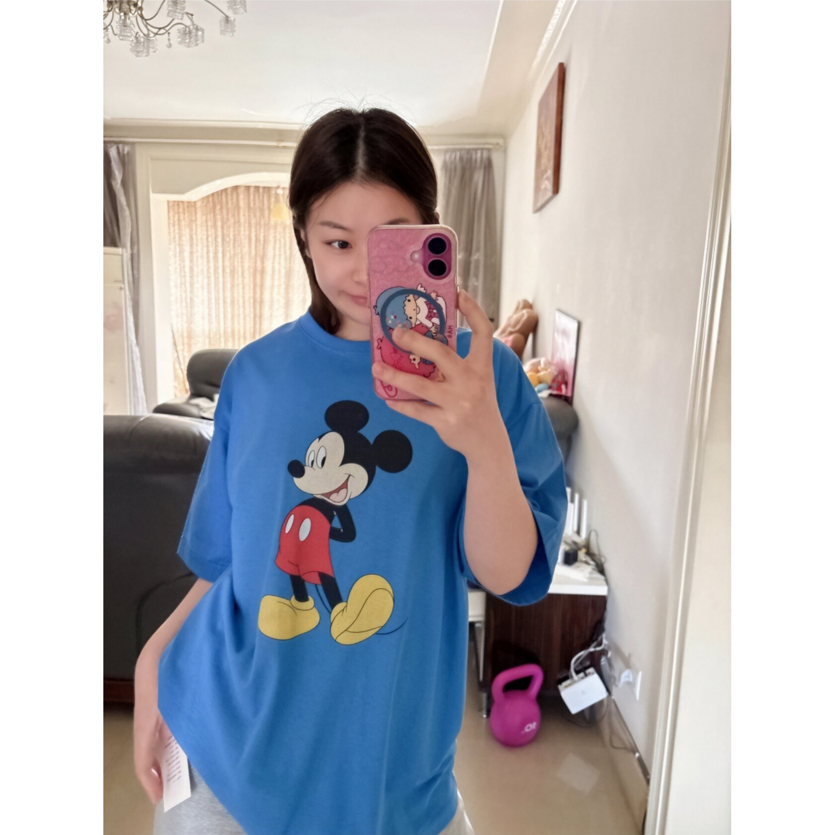 顽季果 "情绪色彩"穿搭~米奇印花克莱因蓝宽松圆领短袖T恤女上衣