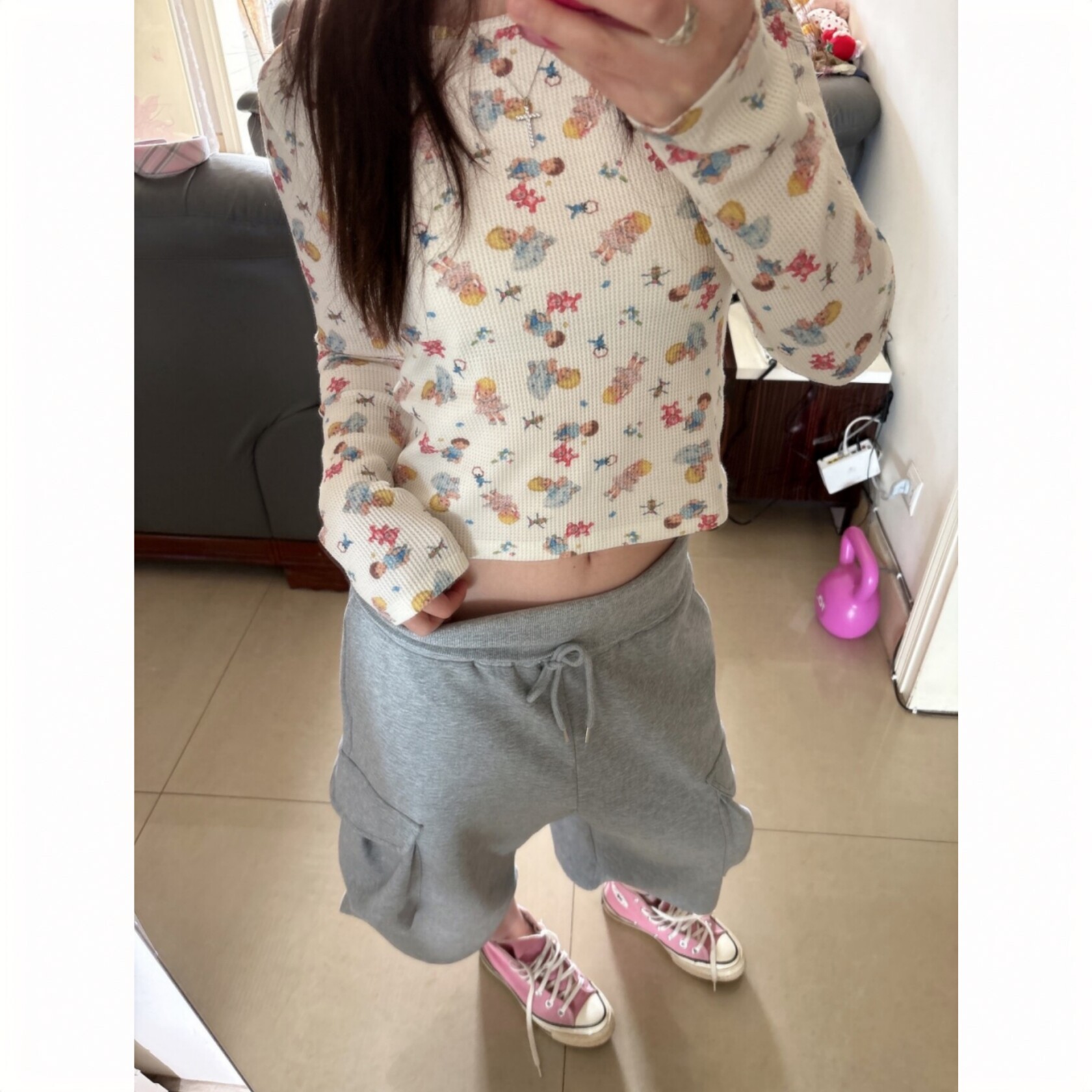 顽季果 鬼马系少女~华夫格印花修身内搭显瘦圆领长袖T恤女上衣夏