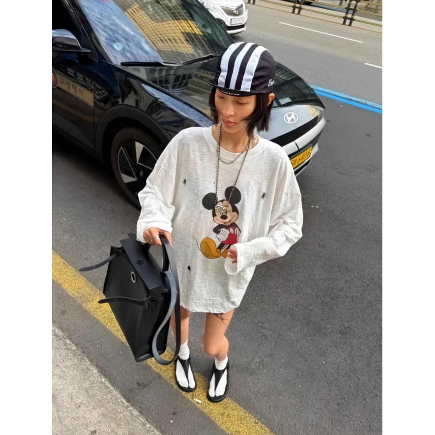 韩系小众松弛风~泼墨米奇印花宽松圆领慵懒竹节棉长袖女T恤上衣夏