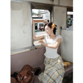 极简绝美小上衣 显瘦正肩ins风 修身 纯色亨利领毛边短袖 女T恤夏季