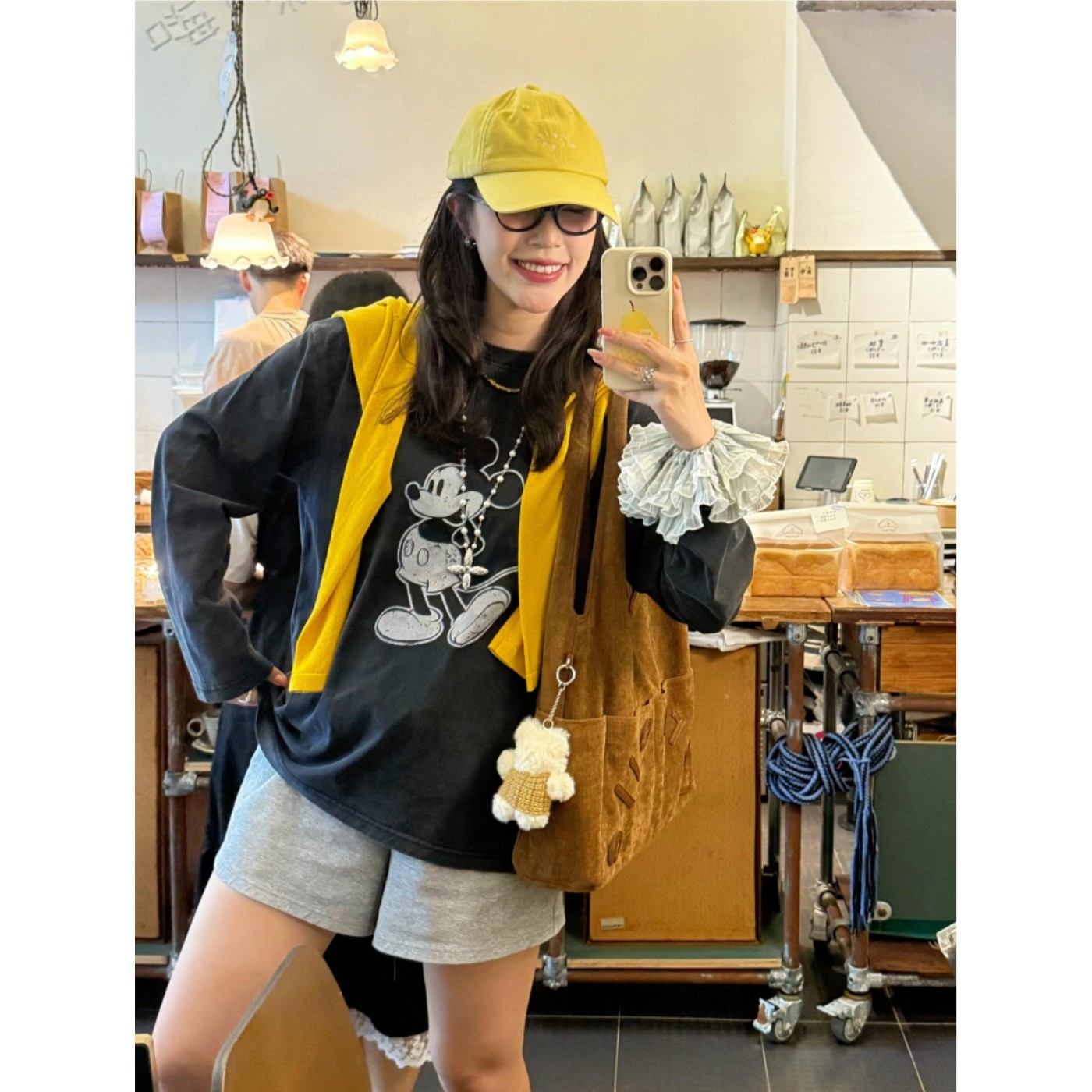 复古美式米奇水洗做旧长袖T恤女