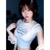 字母爱心刺绣修身 显瘦短款 露肚脐短袖 超甜超辣韩系chic 女T恤夏季