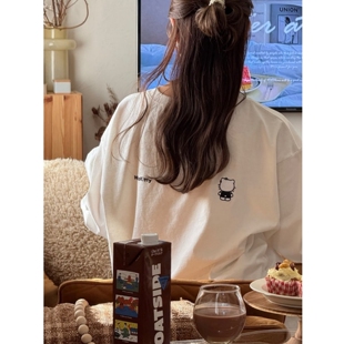 后背kt猫印花宽松休闲百搭圆领长袖 韩国ins极简风 女T恤秋 果 顽季