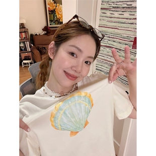 顽季果 韩系chic贝壳印花宽松休闲套头短袖T恤甜美简约女上衣夏