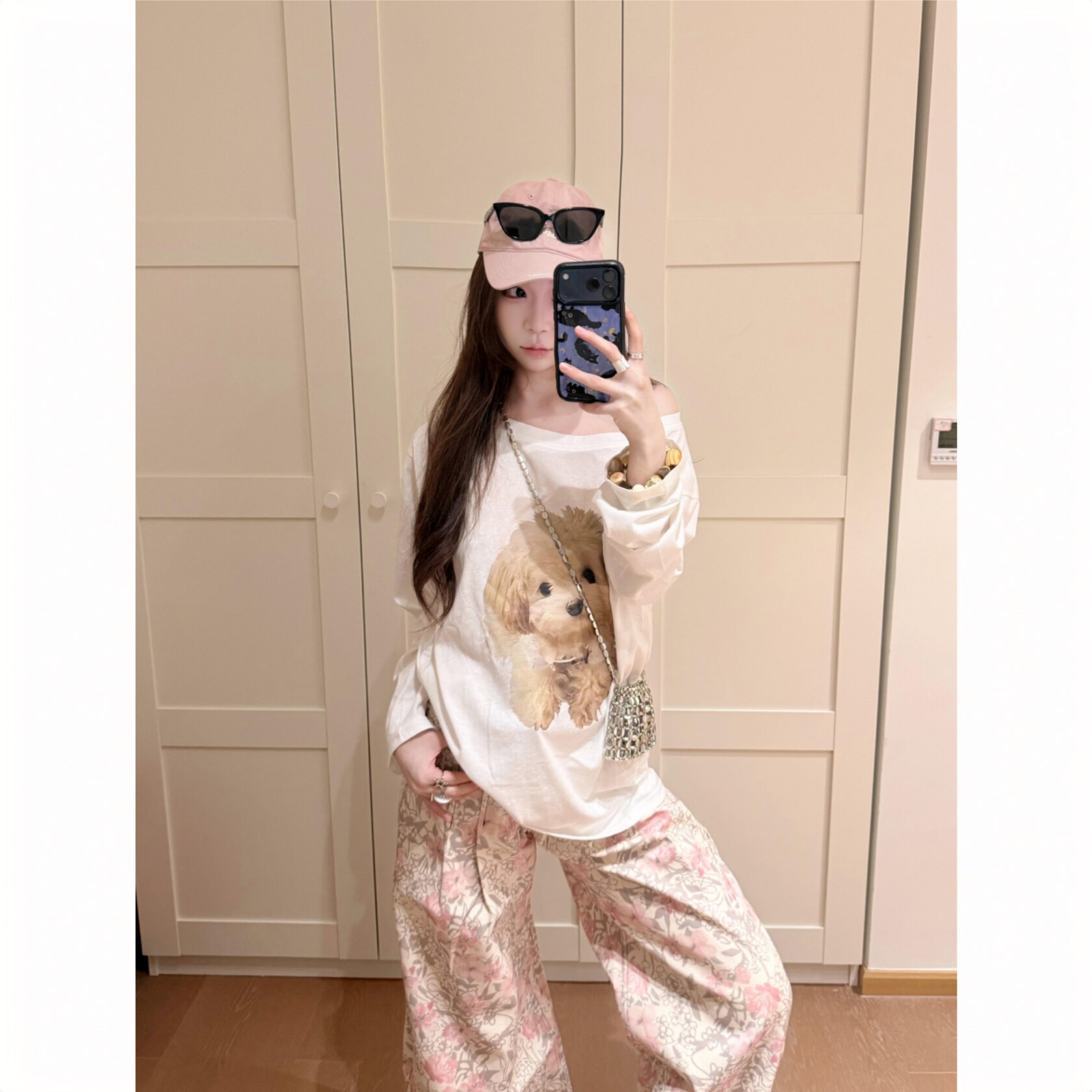韩系甜美~可爱萌宠狗狗印花斜肩露肩防晒罩衫宽松长袖女T恤上衣夏