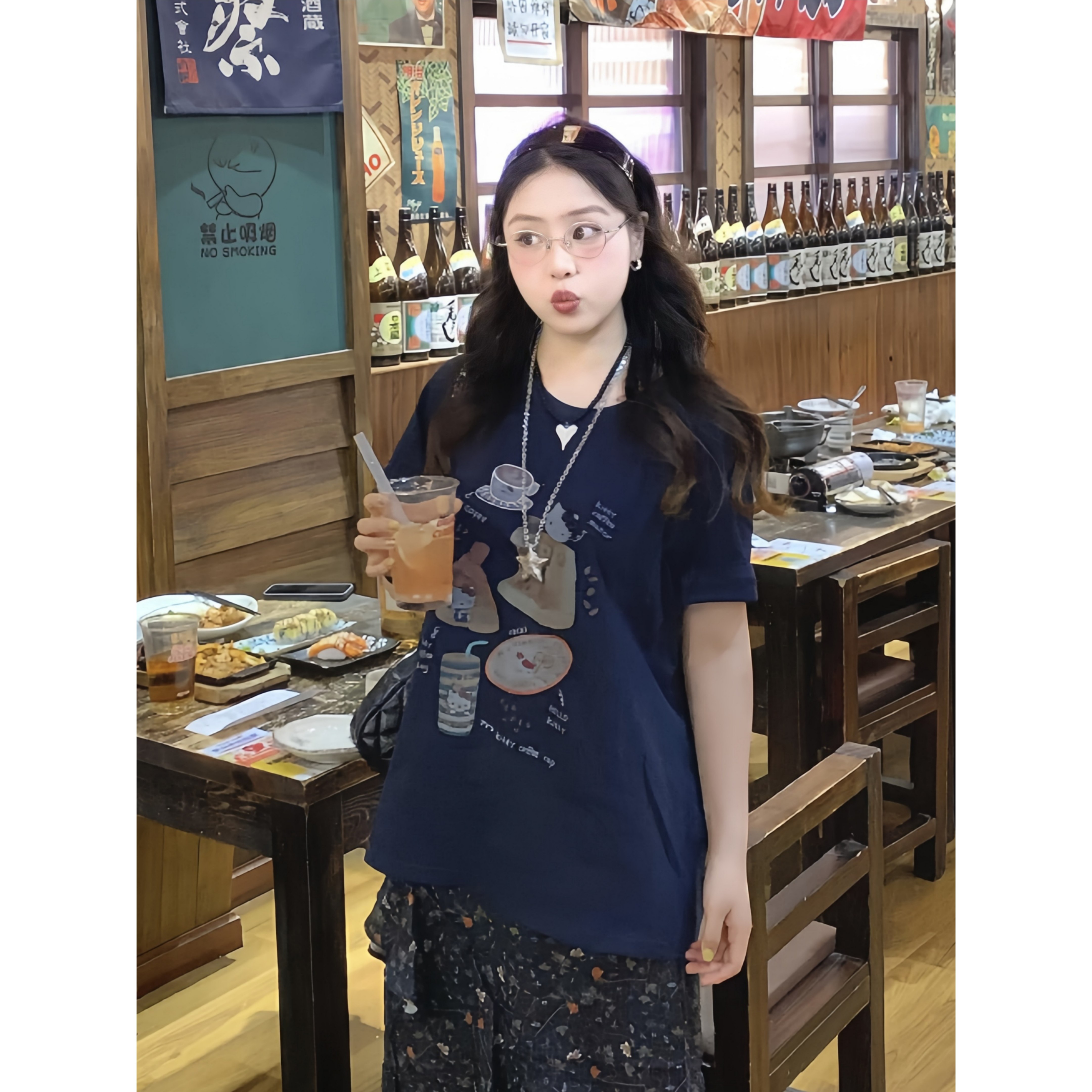 韩系ins 趣味猫咪印花短袖t恤宽松休闲百搭洋气慵懒甜美女上衣夏