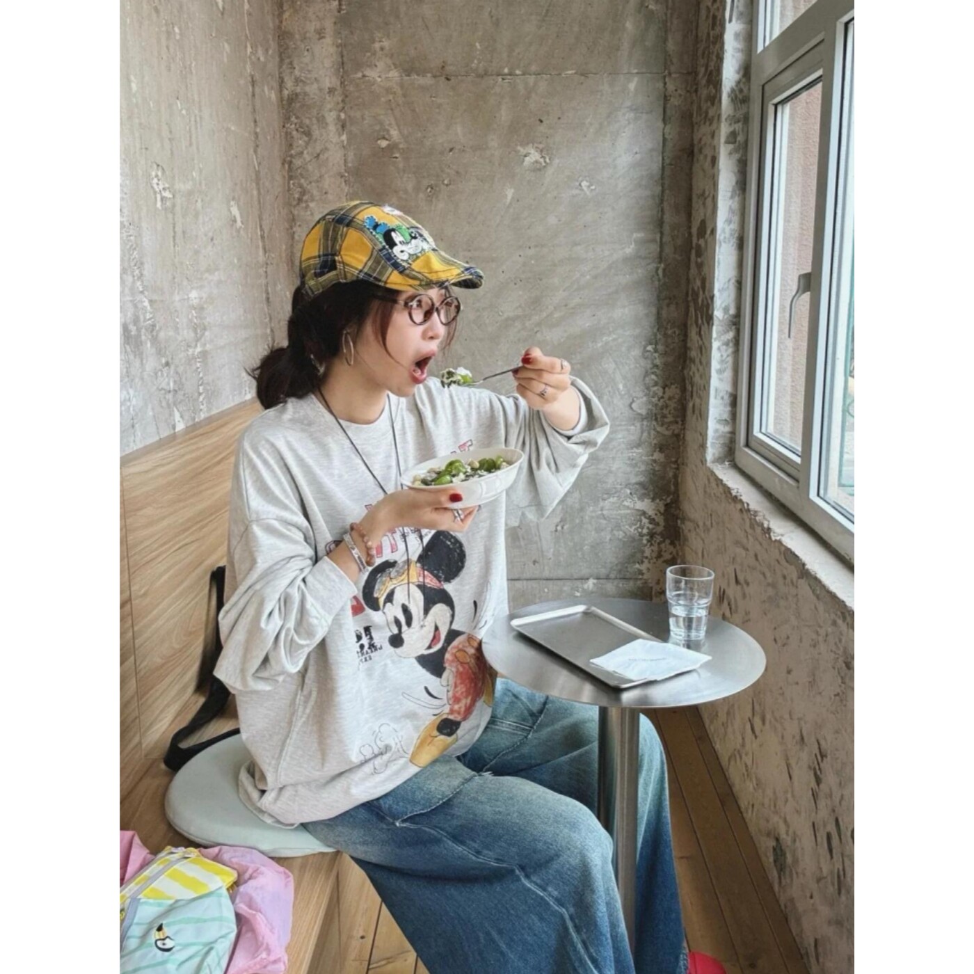 顽季果 复古松弛慵懒风~做旧米奇印花宽松休闲圆领长袖T恤女上衣