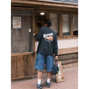 日系小众复古~字母披萨印花宽松圆领洗水做旧长袖T恤男女款上衣秋