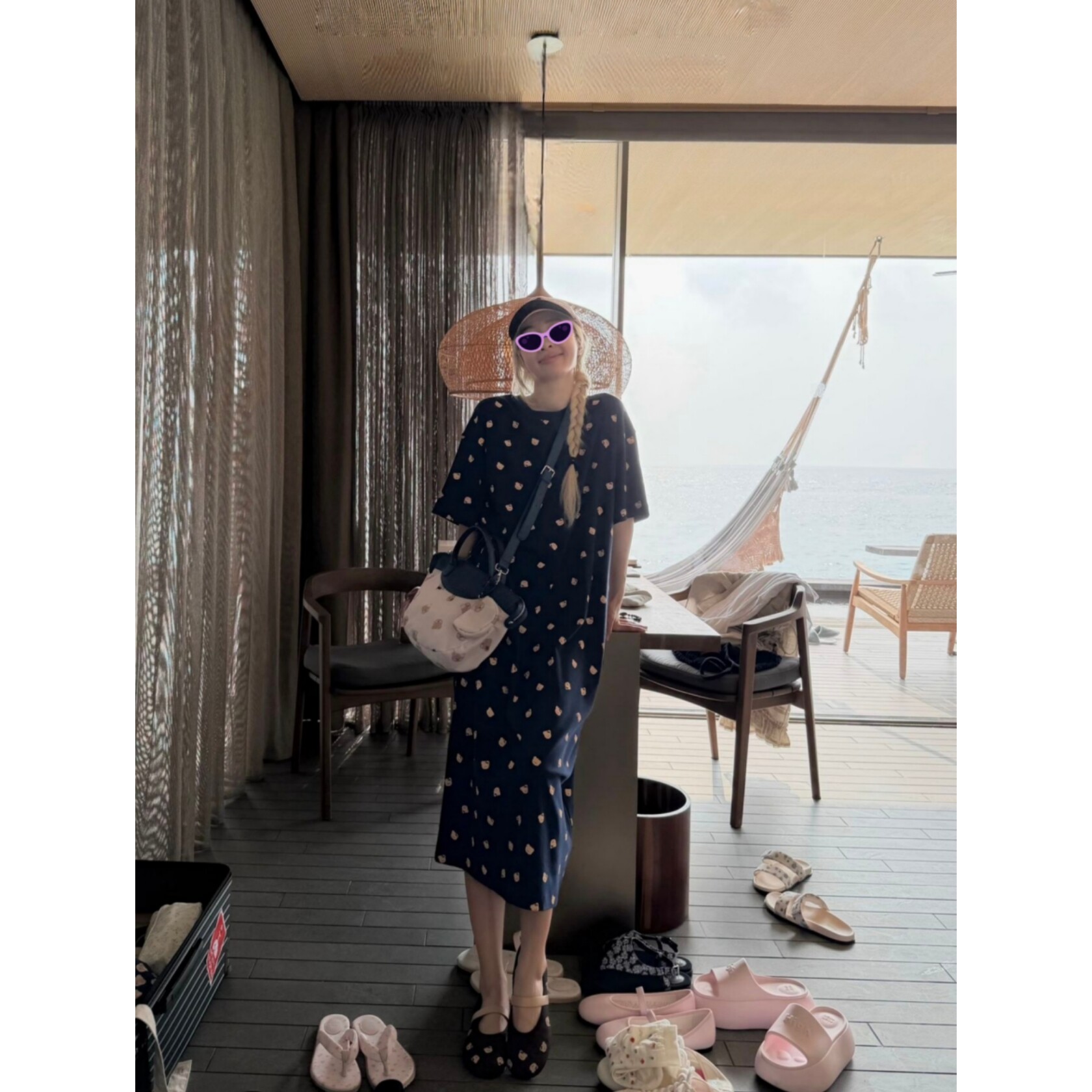 夏日度假风~软萌小熊满印宽松慵懒风圆领韩系可爱减龄女T恤连衣裙