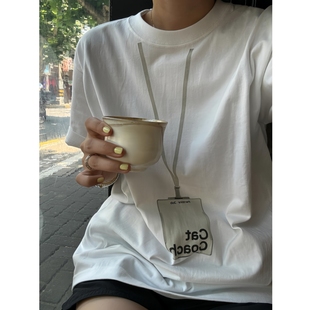 猫猫教练工牌印花设计宽松休闲短袖 韩系ins T恤圆领百搭女上衣夏