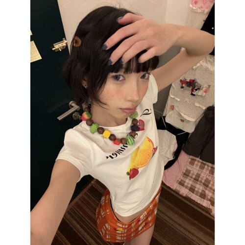 水果印花正肩短袖t恤短款女上衣