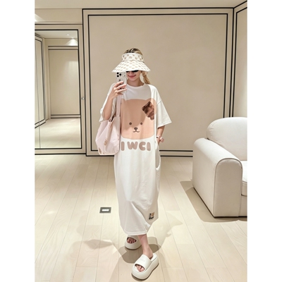 软fufu少女~奶熊印花女T恤连衣裙