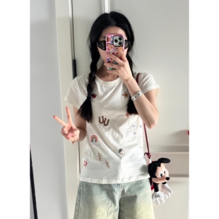 t恤短款 彩色童趣印花正肩宽松弹力短袖 女上衣 花了心思 韩系ins