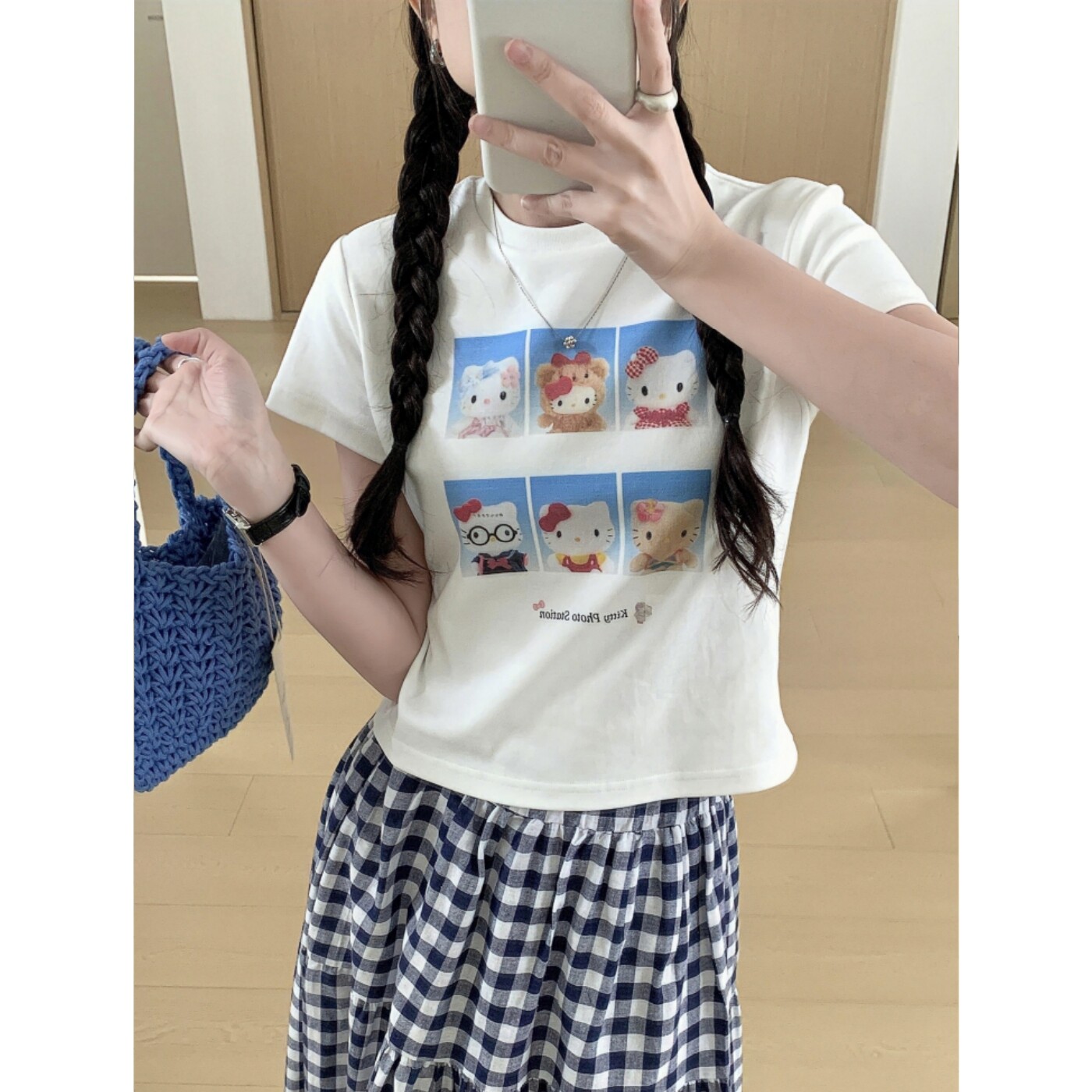 绝美小上衣~kitty猫大头贴印花正肩短袖T恤修身短款甜美减龄女夏