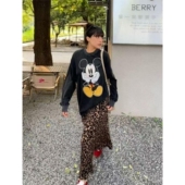 Vintage 复古做旧米奇印花水洗黑宽松休闲圆领长袖 T恤男女上衣秋