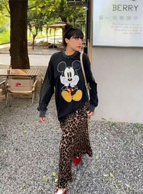 Vintage~复古做旧米奇印花水洗黑宽松休闲圆领长袖T恤男女上衣秋