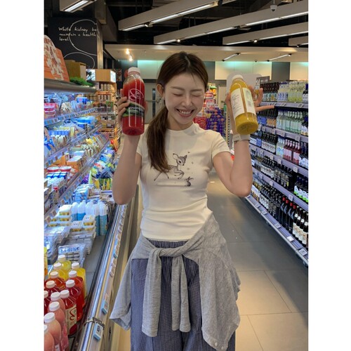 韩系chic小鹿印花正肩短袖T恤女