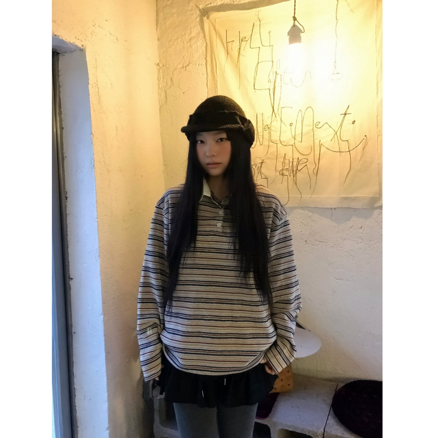 顽季果 复古miu系~撞色条纹慵懒风宽松polo领韩系长袖T恤女上衣秋,女装/女士精品,POLO衫,淘宝优惠券,粉丝福利购,淘宝优惠卷