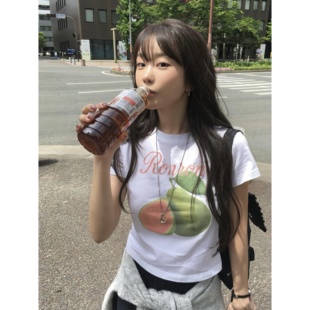 圆领女上衣 韩系ins风 水果芭乐印花清新减龄正肩短袖 t恤修身 短款