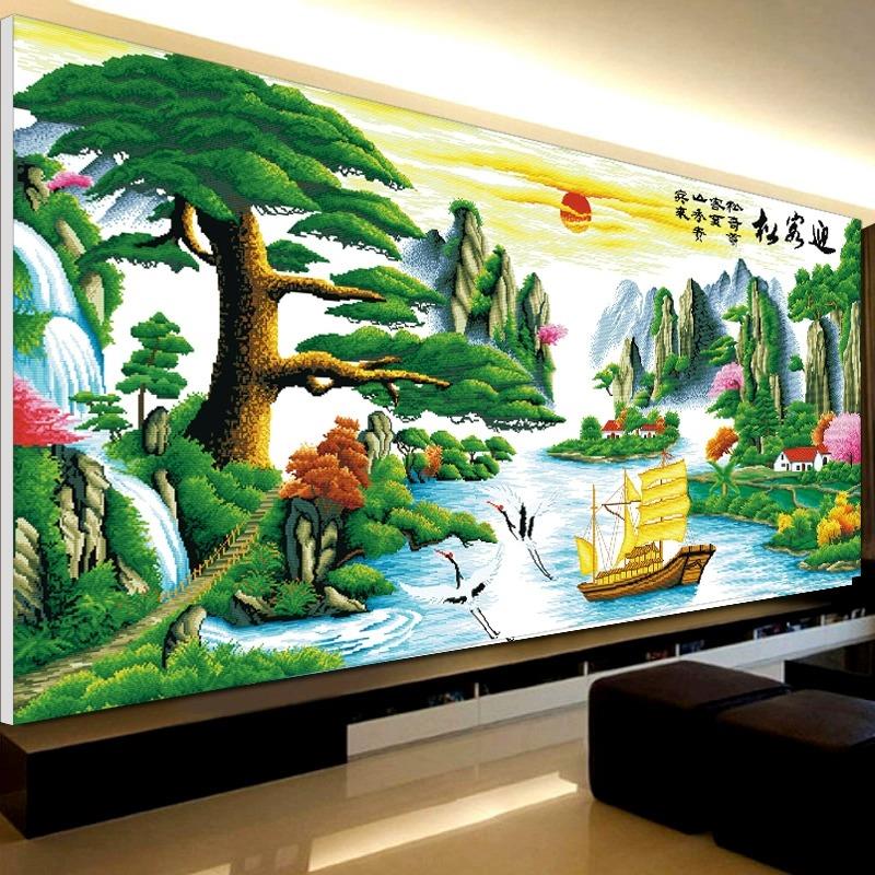 5d钻石画满钻2023新款山水画风景迎客松粘点贴砖石十字绣2024客厅
