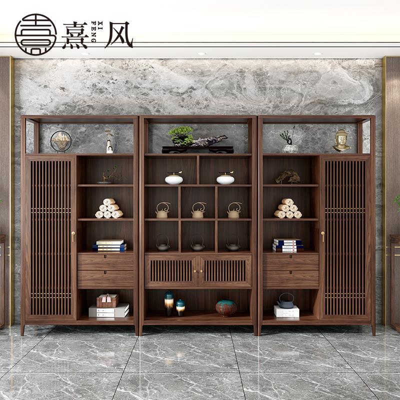 新中式实木书柜组合茶室办公室展示储物书架黑胡桃木博古架多宝阁