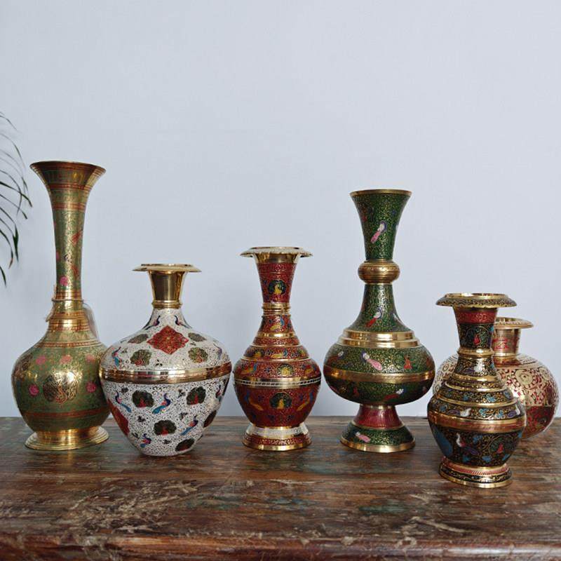 印度彩绘铜花瓶摆件轻奢高档覆古插花客厅书房玄关桌面装饰品摆设