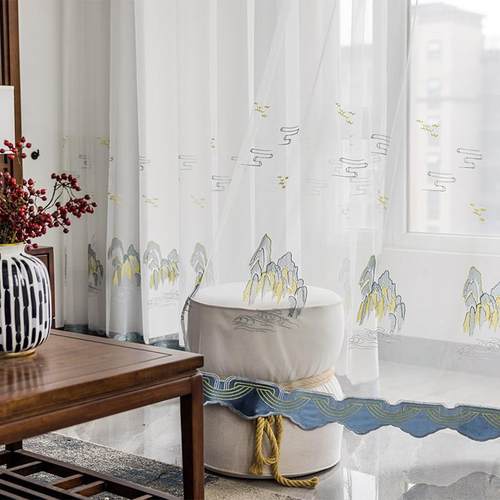 现代新中式窗纱山水窗帘中国风古典禅意绣花茶室客厅书房阳台卧室