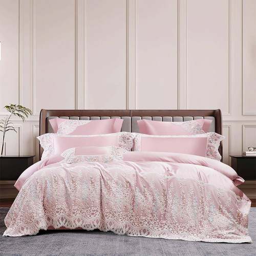 欧式高端粉色蕾丝边全棉四件套 140支真丝棉高档婚庆陪嫁床上用品