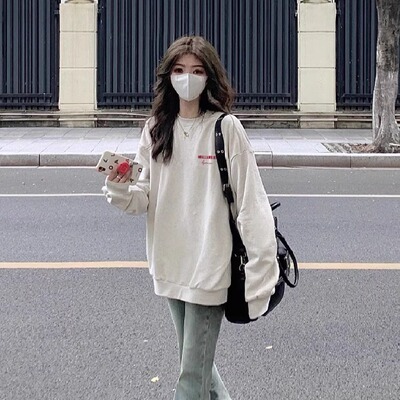 圆领白灰色卫衣女宽松秋冬加绒