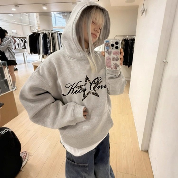 潮牌美式灰色设计感小众连帽卫衣