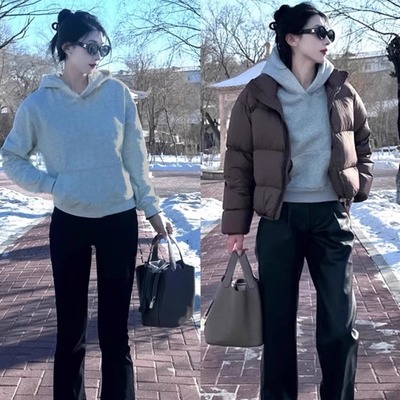 百搭显瘦灰色连帽短款卫衣女纯棉