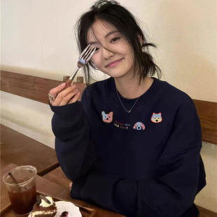 娇笨兔美式 百搭显瘦纯棉上衣 藏青色圆领卫衣女宽松2025春秋薄款