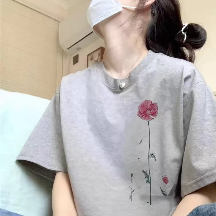 纯棉灰色2025新款潮牌花朵T恤美式短袖夏季潮流圆领宽松半袖上衣