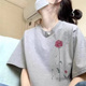 潮牌花朵T恤美式 短袖 夏季 纯棉灰色2025新款 潮流圆领宽松半袖 上衣