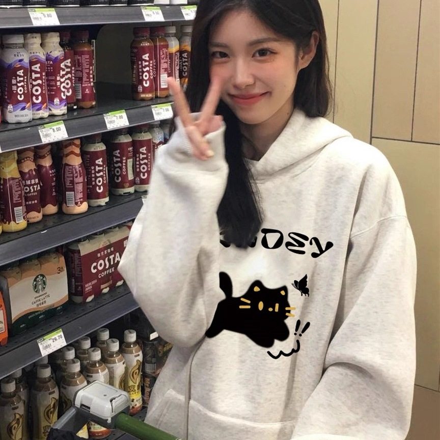 美式卡通白灰色连帽卫衣女宽松