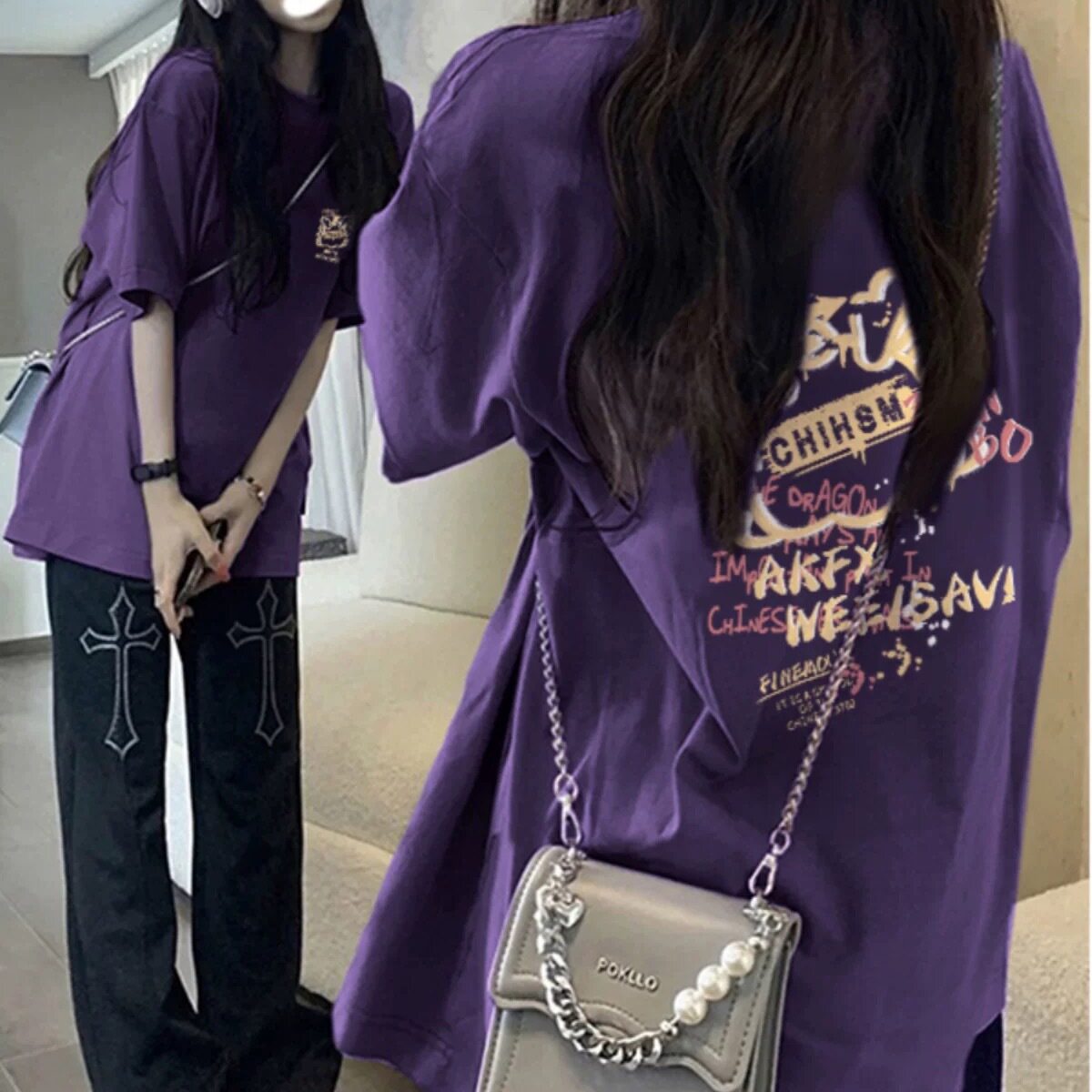 潮牌复古紫色短袖t恤女宽松百搭2026夏季多巴胺穿搭美式时尚上衣