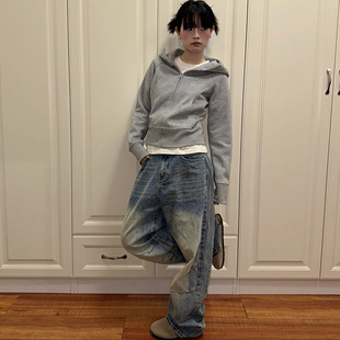 纯棉小个子短款修身外套女卫衣2025秋冬加绒加厚百搭显瘦显高帽衫