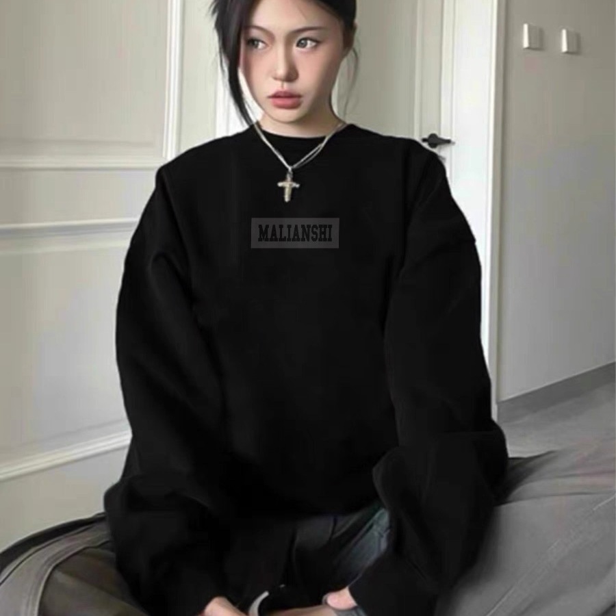 高街复古黑色圆领无帽卫衣女加绒