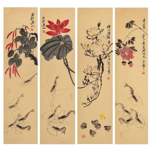 名家齐白石纯手绘装饰画国画水墨画花卉画虾客厅画办公室画条屏