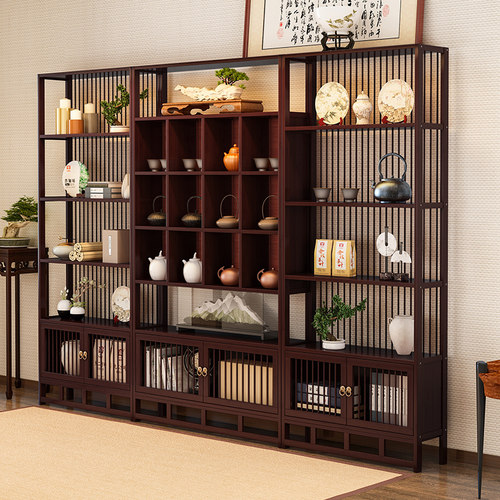 博古架实木中式茶室茶叶柜子置物架茶具茶碗收纳架客厅隔断展示柜