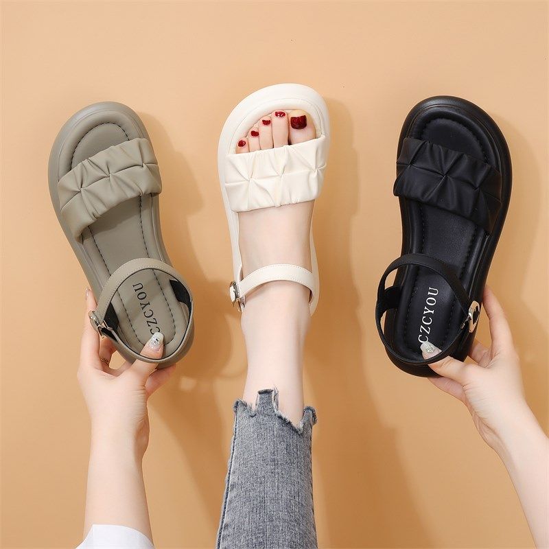 平底凉鞋女2024年夏季新款甜美百搭学生仙女风一字式扣带沙滩凉鞋,女鞋,沙滩鞋,淘宝优惠券,粉丝福利购,淘宝优惠卷