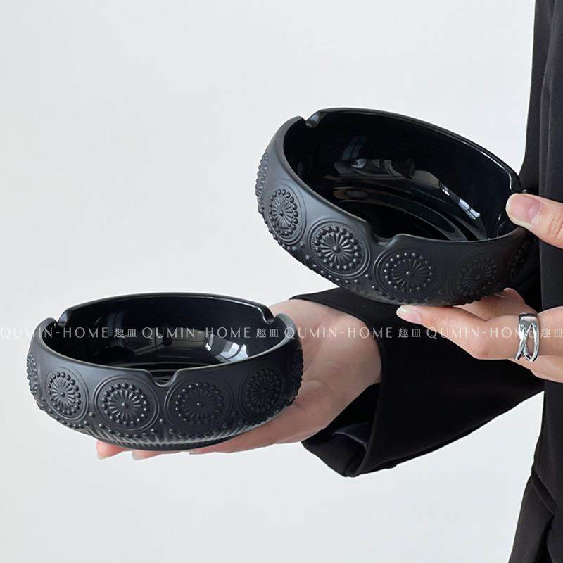 趣皿防飞灰浮雕烟灰缸家用客厅办公室高级感玻璃刻花烟盅雪茄烟缸