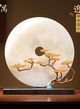 新中式迎客松摆件高端玉石平安扣办公室桌面客厅玄关乔迁新居礼品