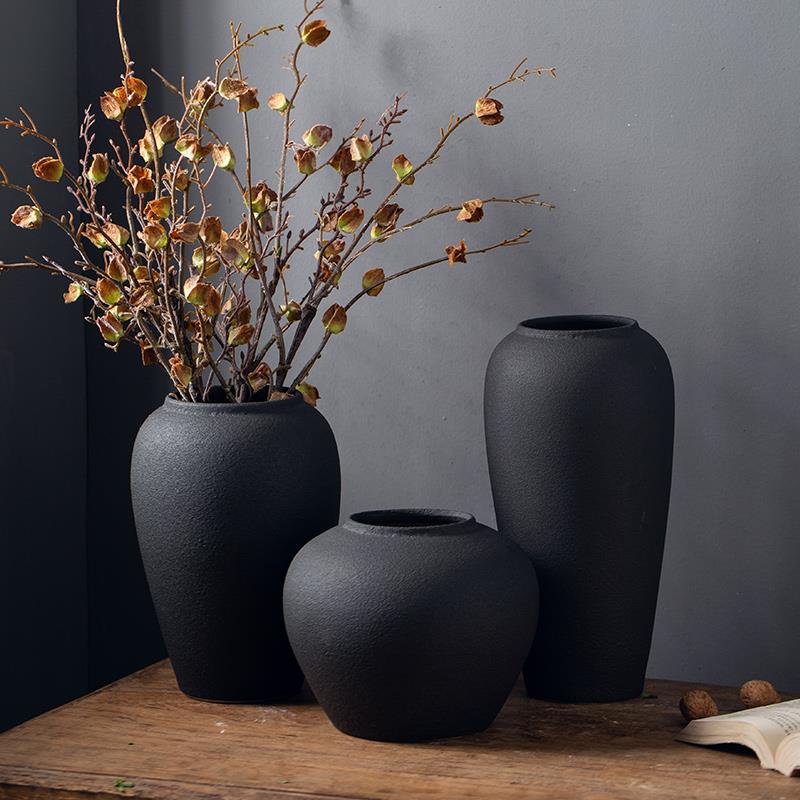 景德镇水培陶瓷花瓶黑色3件套干花摆件玄关家居简约中式水培陶罐