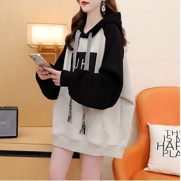 纯棉连帽卫衣女春秋新款拼接小众设计洋气上衣宽松学生加绒外套女