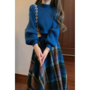 高腰格子半身长裙套装 复古蓝色半高领针织毛衣 裙子 法式 秋冬新款