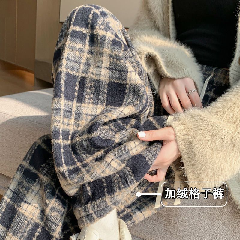 藏青色加绒格子裤女秋冬20
