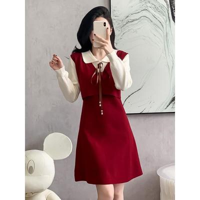 学院风假两件红色针织连衣